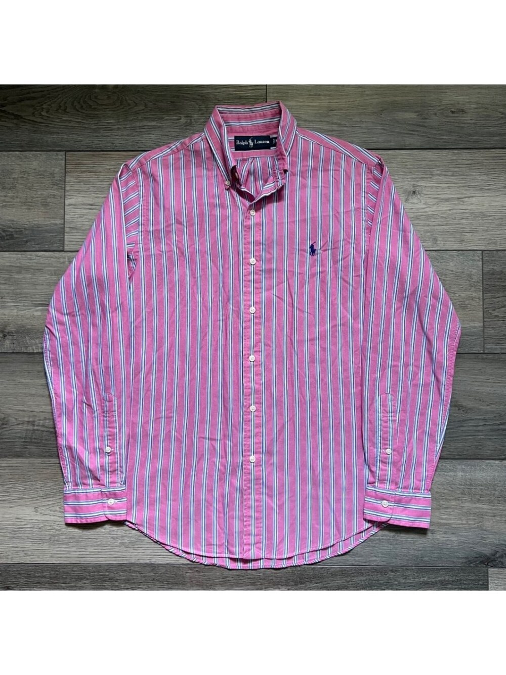 Vintage Ralph Lauren Men's M Button Down Shirt Pink Blue Striped Long Sleeve